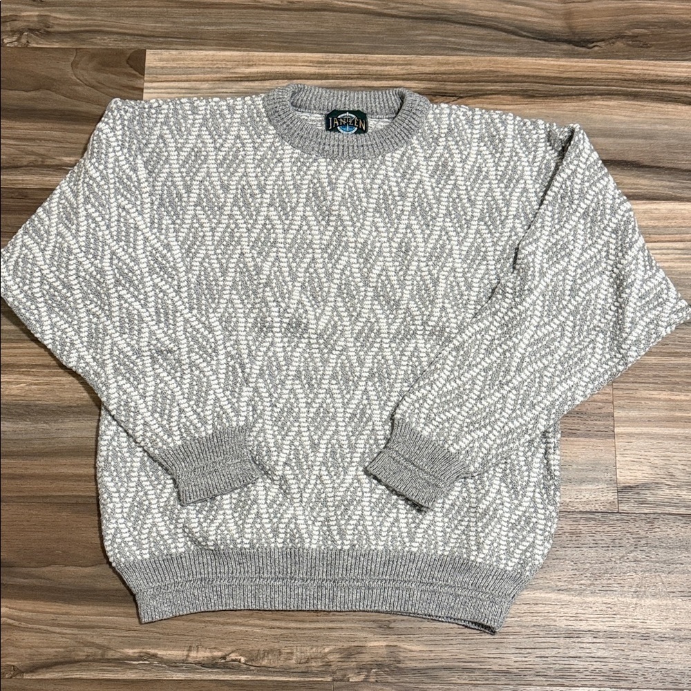 Vintage Jantzen Sweater Men’s M Knit Pullover Crewneck Grey White USA 90s